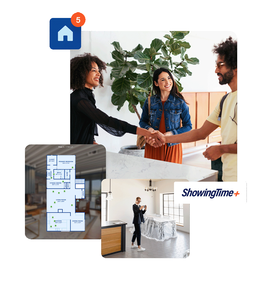 Two people shaking hands, a screenshot of a ShowingTime+ interactive real estate floor plan and a photographer snapping room photos.