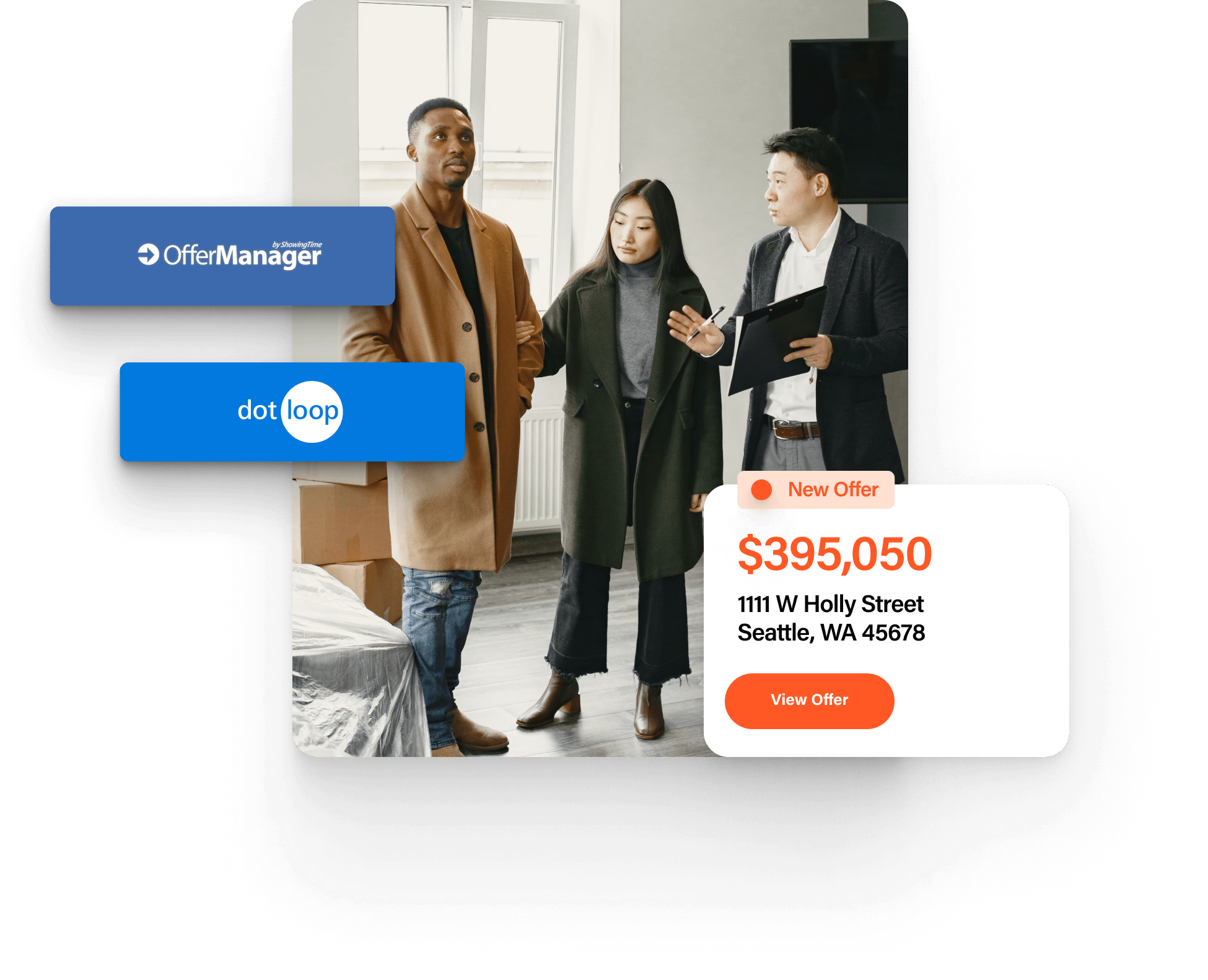 Two people touring a property with their real estate agent who uses ShowingTime Offer Manager and dotloop.