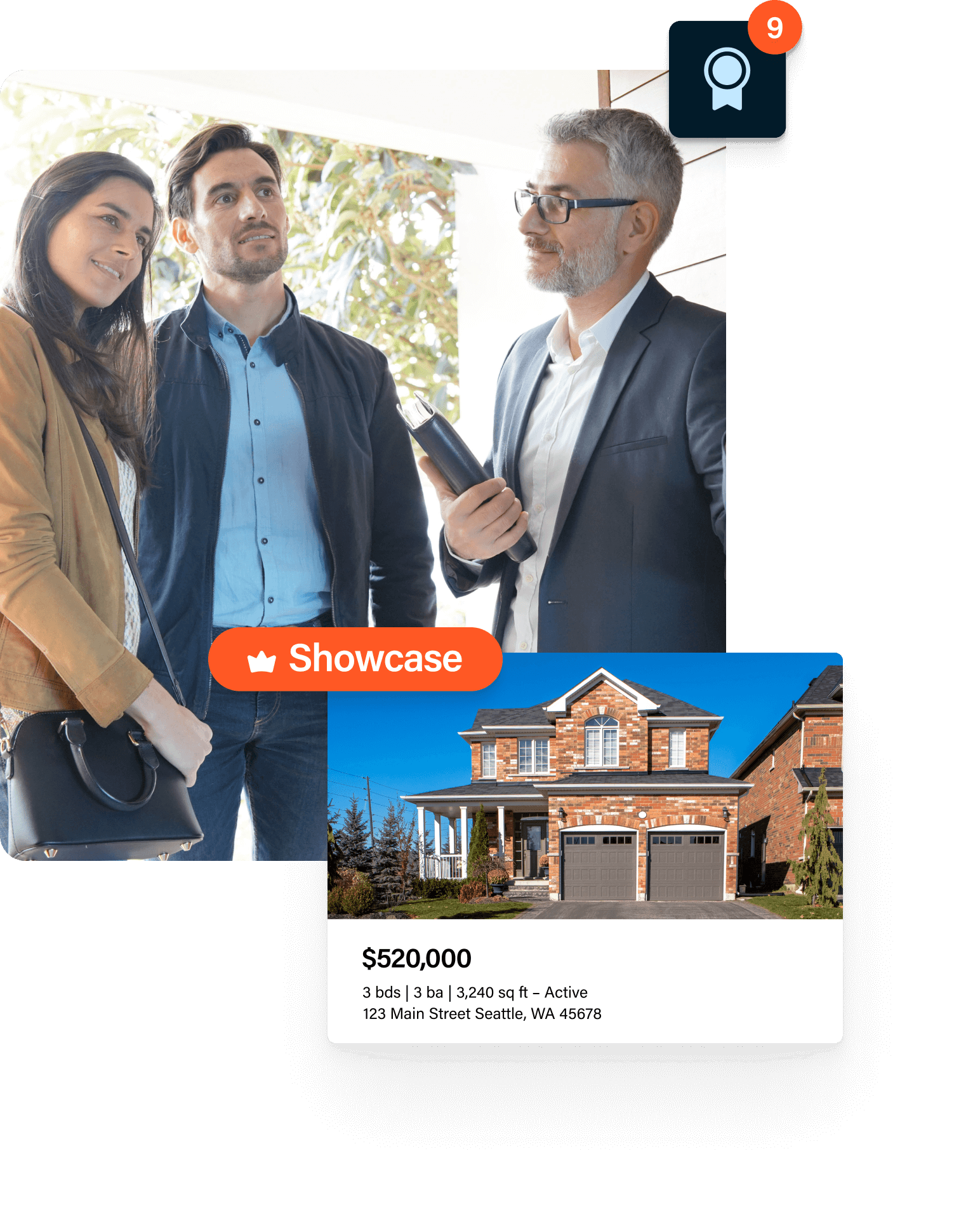 A real estate agent showing a property which is also prominently displayed online using Listing Showcase.