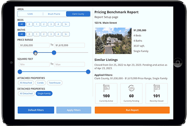 Pricing Benchmark Report on an iPad showing current market stats