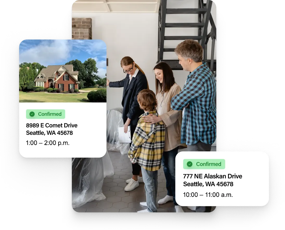 An agent showing people a property, and screenshots of ShowingTime’s real estate scheduling software.